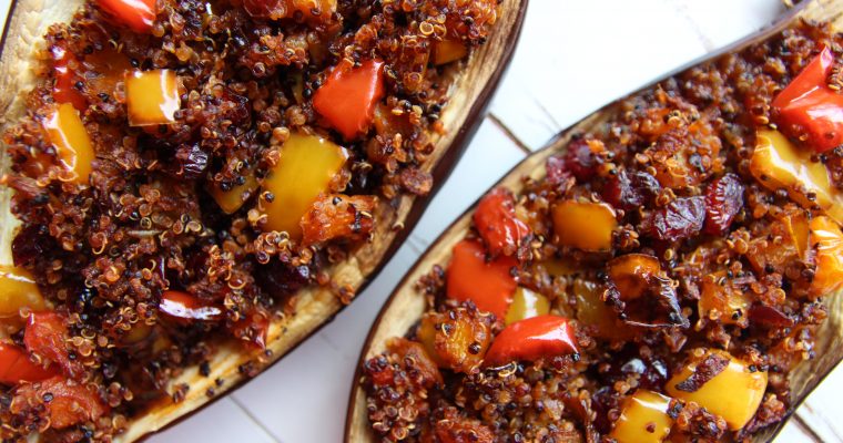EGGPLANT WITH QUINOA, PEPPERS AND CRANBERRIES