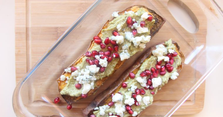 SWEET POTATOES WITH BROCCOLI PESTO, BLUE CHEESE AND POMEGRANATE SEEDS