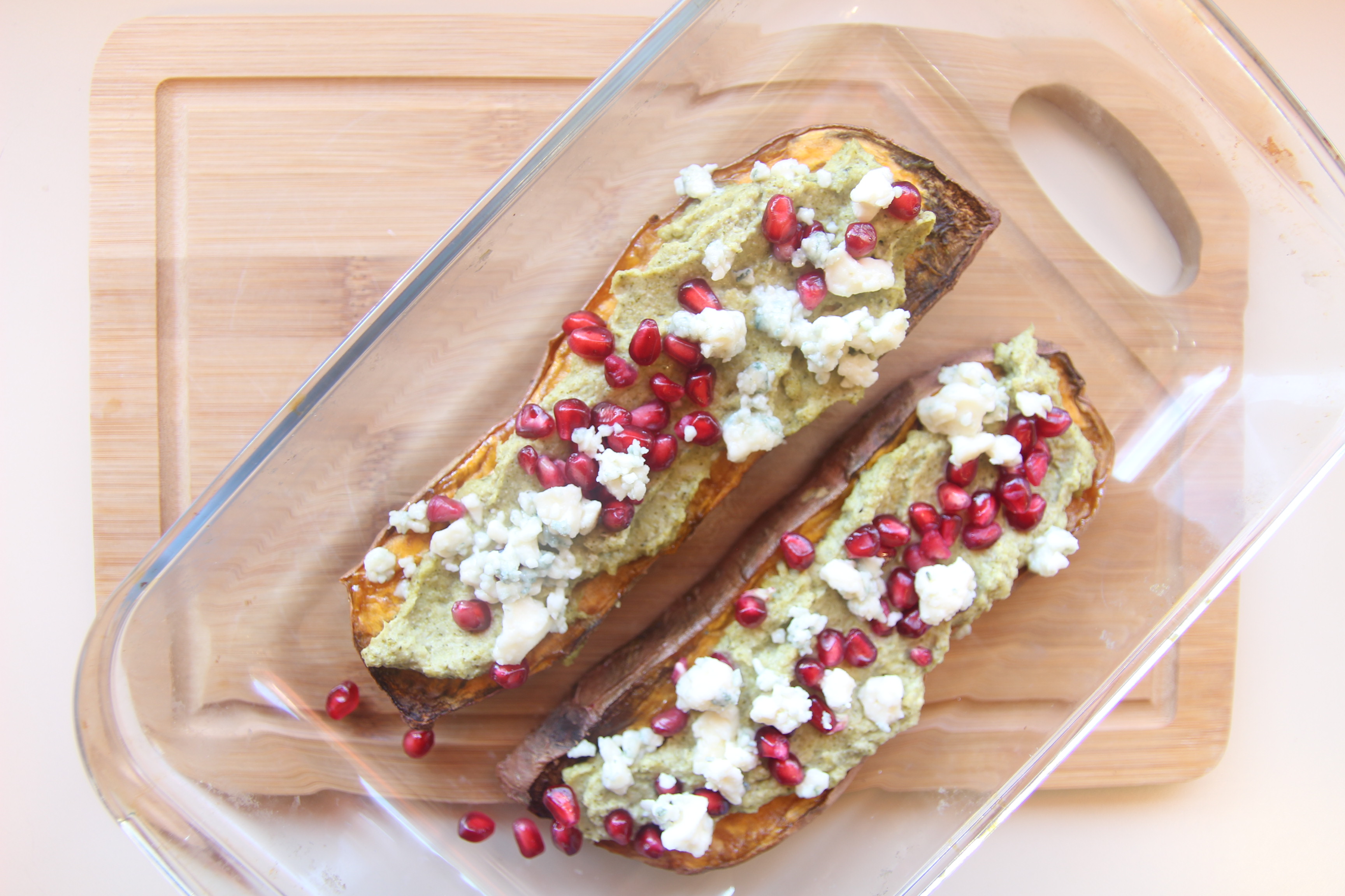 SWEET POTATOES WITH BROCCOLI PESTO, BLUE CHEESE AND POMEGRANATE SEEDS