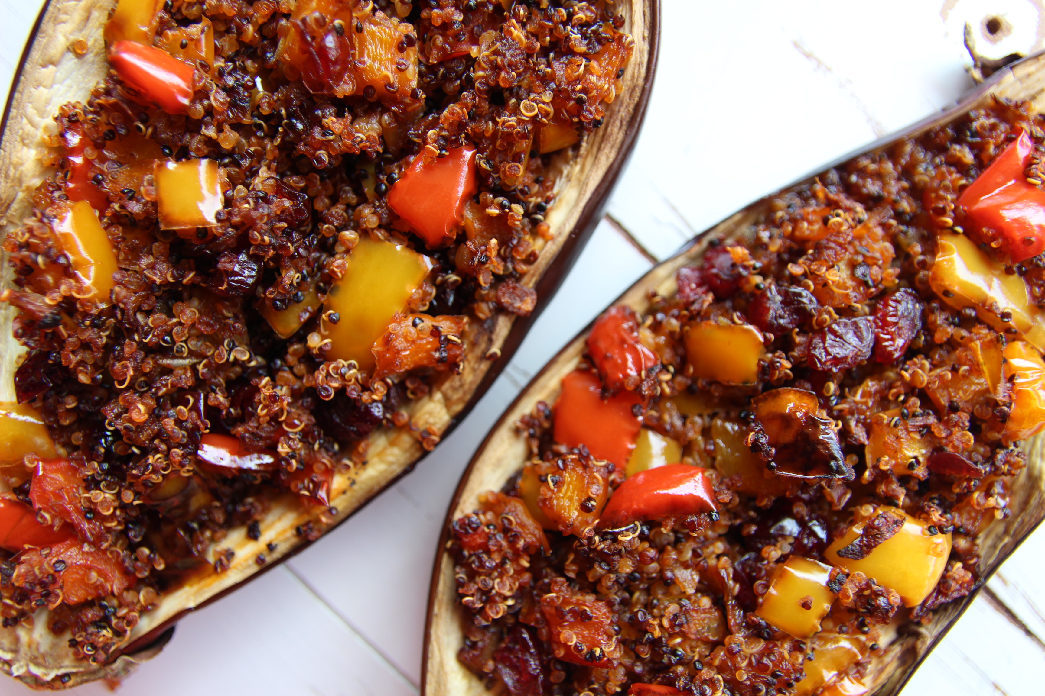 EGGPLANT WITH QUINOA, PEPPERS AND CRANBERRIES