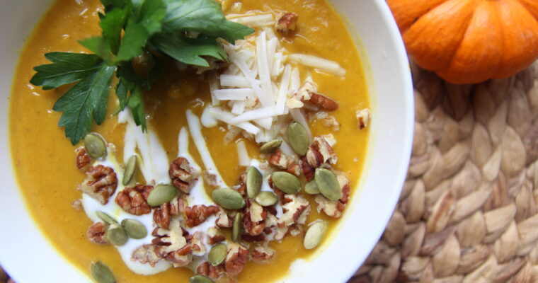 PUMPKIN SOUP WITH CASHEW CHEESE AND PECANS